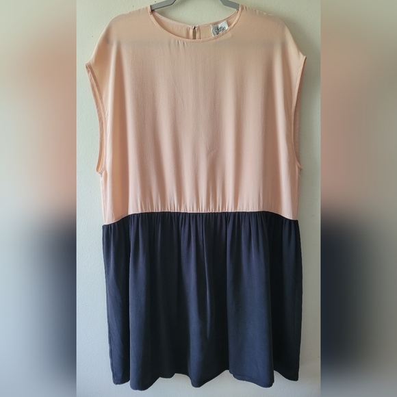 Attic & Barn Pink Colorblock Italian 100% Silk Dropwaist Flowy Tunic Dress Small